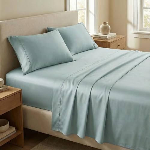 Image of Beckham Hotel Collection 100% Cotton Cal King Sheet Set, 4-Piece, Aqua Gray | 500 Thread Count, Silky Soft Weave, Breathable, Anti-Pilling, 16-Inch Pocket, All-Around Elastic, Gets Softer with Every Wash