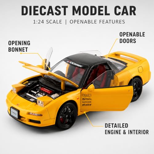 Image of Honda NSX Die-Cast Car Model Yellow - 6 Openable Parts Sound Light Pull-Back Alloy Metal Collectible Sports Car Toy for Kids Collectors