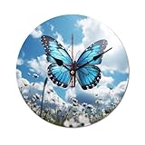 ZLFDSKGY Dekorative moderne Wanduhr aus Holz, nicht tickend, blauer Schmetterling und Wolken, rund, batteriebetriebene Uhr für Badezimmer, Küche, Schlafzimmer, Wohnzimmer, schwarz, 60 cm