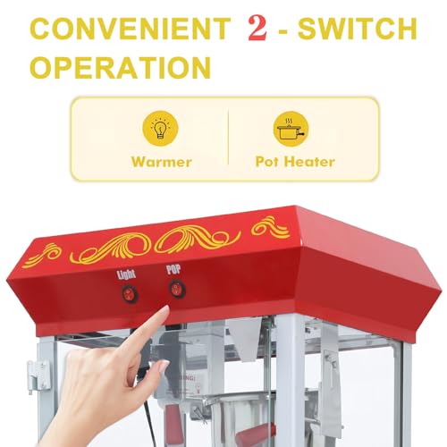 Image of Vintage Commercial Popcorn Machine with Cart - 8oz Kettle for 32 Cups /Batch, with Warming Lamp, Glass View Door and Wheels for Home Theater and Parties (Red)