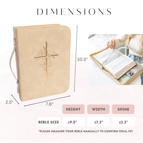 Bible Cover Case for Women – PU Leather Large Bible Case with Minimalist Debossed Design – Christian Bible Accessories for Girls & Women (Beige/Gold)