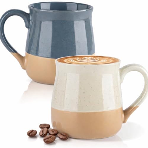 GBhome Ceramic Coffee Mugs Set of 2, 24oz Handmade Large Coffee Mugs Set with Terracotta Underside for Latte/Tea/Beer/Hot Cocoa/Cappuccino/Soup Dishwasher & Microwave Safe-Beige & Orange