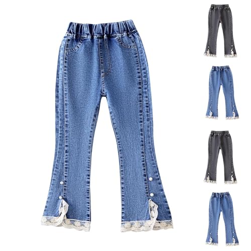 Girls Cute Lace Trim Jeans Comfy Elastic Waist Flare Denim Pants2