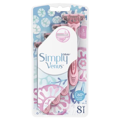 Venus Gillette Simply 3, maquinilla de afeitar para mujer, 8 piezas, maquinillas de afeitar desechables para mujeres con 3 cuchillas
