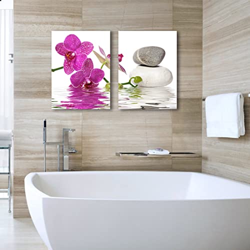 Modern 2 Panel Zen Bathroom Decor Stones Orchids Pictures Prints On Canvas Wall Art Nature Still Life Photography For Home Office Spa Yoga Calming, Relaxing Decorative Artwork For Living Room Bedroom #TOP5
