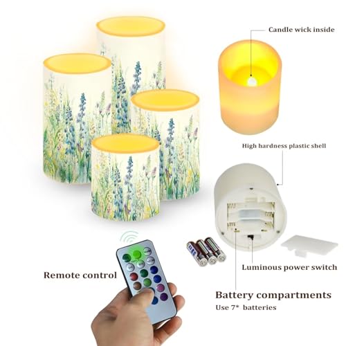 Image of Flameless Candles Battery Powered LED Candles with Remote Timer Color Changing Control for Indoor Outdoor Home Table Beach Wedding Decoration Set of 4, Blue Green Floral