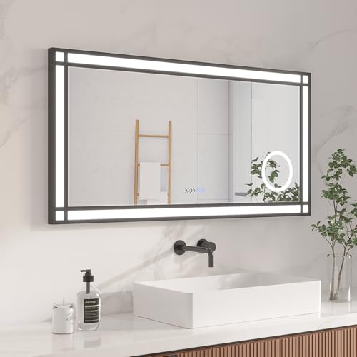 AQUABATOS Espejo de baño con Luz LED 120 x 60 cm, Espejo Cuadriculado, Marco de Aluminio Negro, Reloj Digital, Espejo de Maquillaje, Interruptor Táctil, Luz Blanca fría Regulable, Antivaho