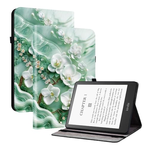 Étui en cuir Kindle Paperwhite 2024 protection intégrale à rabat pour liseuse motif fleur verte