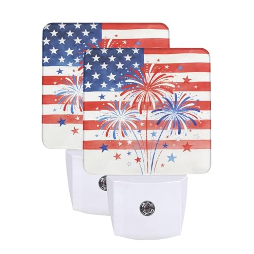 Image of 4th of July Patriotic Night Light Set of 2, USA Auto Sensor LED Dusk-to-Dawn Nightlights, Plug-in Sensor Lamp for Bedroom Bathroom Kitchen Hallway Stairs Decorative