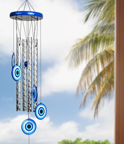 Image of ZAICUS Turkish Evil Eye Wind Chimes - Metal Hanging Decor for Home, Balcony, Entrance & Living Room - 27-inch Chime for Positive Energy & Housewarming Gift (4 Pipe)