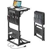 HLDIRECT C Shaped End Table with Charging Station and Storage Bag, C Shaped Side Table for Couch, Sofa Side Table with Foldable Function End Table for Living Room Bedroom, Black