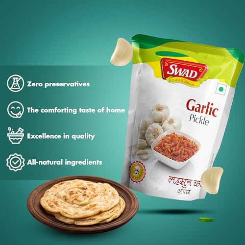 Image of SWAD Distinctly Different and Delicious Pack of Garlic Pickle /Lahsun Achar - 200g| Green Chilli Pickle /Hari Mirchi Achar - 200g| Mango Chhundo Pickle /Aam Chhunda, 200g Pack of 3