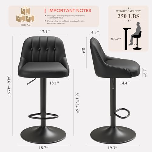 Image of MALOL Bar Stools Set of 6, Swivel Bar Chairs, Modern Adjustable PU Leather Upholstered Barstools Counter Height with Tufted Back for Bar, Kitchen Counter Island, Dining Room, Black