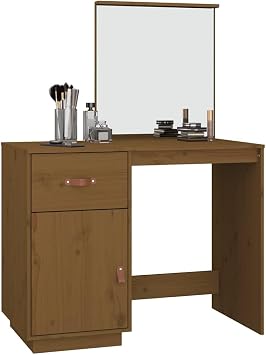 Honey Brown Solid Pine Wood Dressing Table 95x50x134 cm with Drawer and Compartments, Wooden Makeup Vanity with Mirror