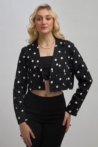 Image of VIRGIO Women's Polka Dot Crop Blazer - 100% Cotton Tailored Fit Cropped Jacket, Lightweight Breathable Cotton Blazer for Women, Casual Wear, Office Wear, Stylish Layering Piece