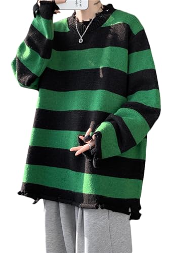 [BEIBANG]長袖 ニットセーター メンズ ゆったり ボーダー柄 ニット シンプル カジュアル ストリート系 ダメージ加工 セーター 秋 冬(20グリーン)