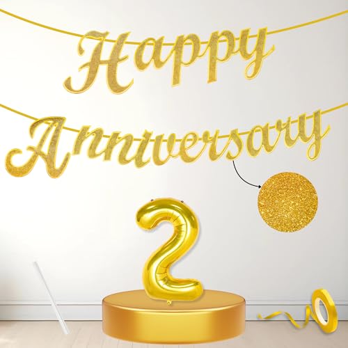 Image of Flyloons 2nd Happy Anniversary Banner Gold Decorations Kit for Men Women Wedding Anniversary Banner Items without Balloons