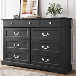 LINSY HOME Farmhouse Dresser for Bedroom, 9 Drawer Bedroom Dresser with Antique Handles, Wood Chest of Drawers for Nursery, Living Room, Entryway and Hallway, Black LINSY HOME Farmhouse Dresser for Bedroom 9 Drawer Bedroom Dresser with Antique Handles Wood Chest of Drawers for Nursery Living Room Entryway and Hallway Black