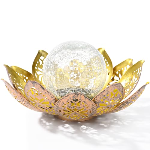 GIGALUMI Lampes solaires d'extérieur en Forme de Pétale de Lotus en métal - Lanterne en Verre Craquelé - Étanche - pour Terrasse, Pelouse, Allée, étang (Doré) – vue 7
