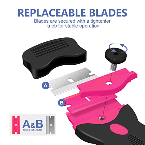 DEKEones Razor Blade Scraper, 2 Pack Double Edged Razor blade Scraper Tool with 30 Pcs Razor Blades, Glass Scraper for Windows, Decals, Tint, Stickers, Labels, Caulk, Adhesive（Pink） - Thumbnail 2