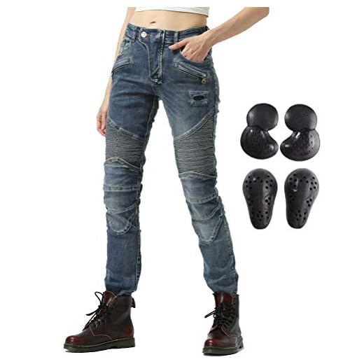 Takuey Women Street Motorcycle Riding Pants Motocross Racing Protective Jeans with Knee Hip Pads (XS(26)=Waist 28") Blue