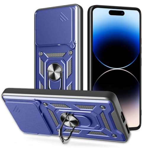 Image of Spazy Case Google Pixel 10a Back Cover | Heavy Duty Hybrid Case with 360 Degree Rotating Finger Ring Holder + Slider Shutter Camera Protection Case for Google Pixel 10a - Blue