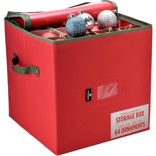 Handy Laundry Christmas Ornament Storage - Stores upto 64 Holiday Ornaments, Adjustable Dividers, Zippered Top, Two Handles. Storage Box Keeps Holiday Decorations Clean and Dry for Next Season. (Red)