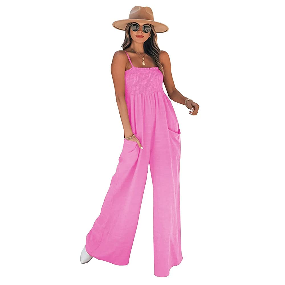 YEMOCILE Women’s Wide Leg Jumpsuits Pockets Spaghetti Strap Solid Color Loose Rompers Overalls, Pink, S