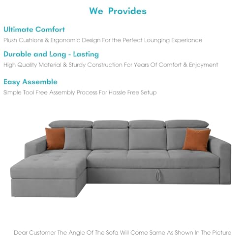 Image of Casaliving Gagnon LHS 6 Seater L Shape Corner Sofa Cum Bed for Living Room (Grey Fabric) Premium Fabric Sofa