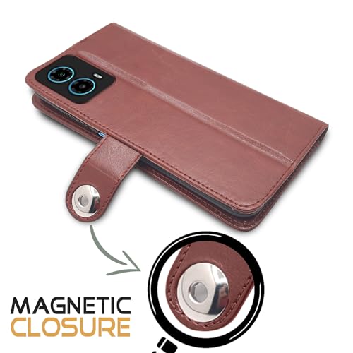Image of Pikkme Moto G24 Power Flip Cover Leather Finish | Inside TPU with Card Pockets | Wallet Stand and Shock Proof | Complete Protection Button Flip Case (Brown)