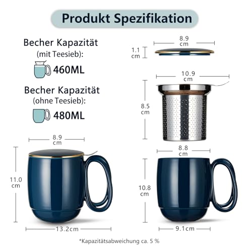 ZENS Teetasse mit Deckel und Sieb, 480ml Große Teebecher Geschenke, Blau – Bild 3