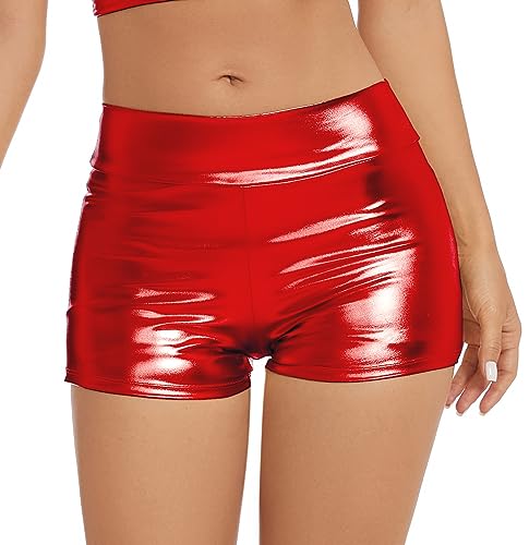 Gatielzana Women's Metallic Rave Booty Shorts Shiny High Waisted Bottoms for Dance Festival, Red, M