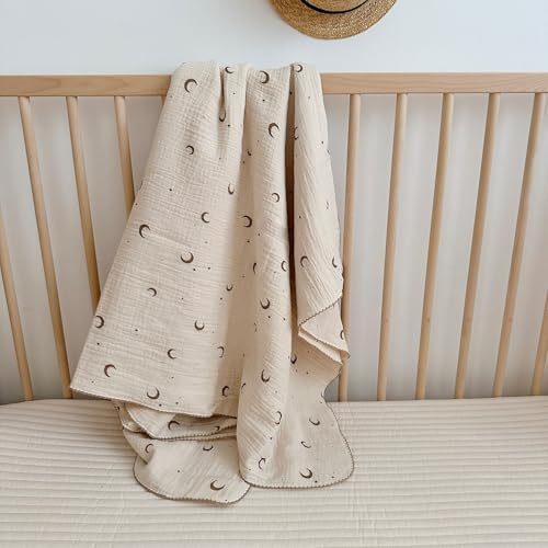 Image of BuLuTu 100% Cotton Toddler Blankets Soft Breathable Crib Blanket for Infant Baby Girls Boys, Ultra Lightweight Muslin Baby Nursery Blankets,Moon Pattern,47"x51"