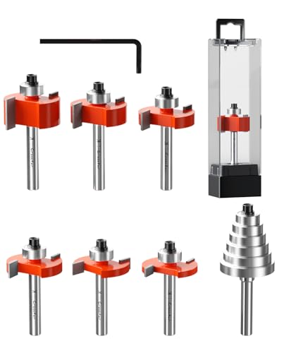 Crosstar 6Pcs Rabbeting Router Bit Set with 6 Bearings - 1/4 Shank Carbide Tipped Bits for Woodworking - Includes 1/4 5/16 3/8 1/2 3/16 5/8 Height Cutters & 6 Sizes Bearings
