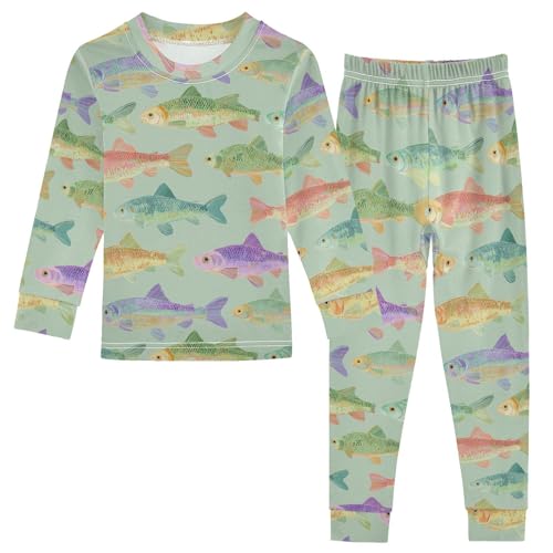 Pajama Sets Long Sleeve Colorful Fish Hand Draw Soft Comfy Sleepwear 2 Piece PJS 3-8T
