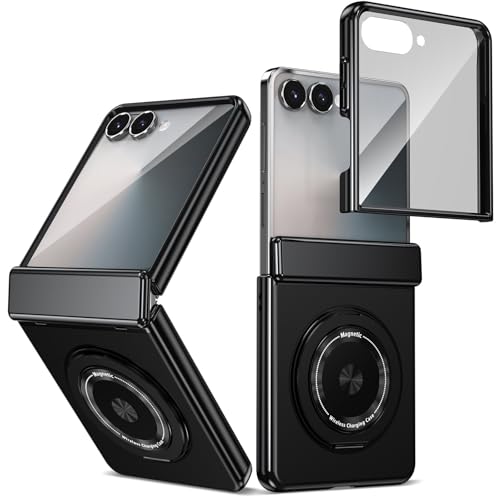 for Samsung Galaxy Z Flip 7 Case with Magnetic Ring Holder, 360 Rotating Bracket, Hinge Protection & Built-in Front Screen Protector, Slim Anti-Drop Shockproof Case.(Black) Black Samsung Gal