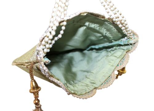 Image of MILAN'S CREATION Pure Banarasi Potli Silk Brocade Bag Purse Drawstring Women's handbag with Pearl Handle & Tassel Weddings