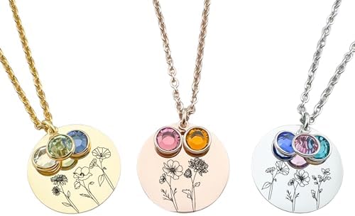 Birth Flower Name Necklace 18K Gold Plated Stainless Steel Women'...