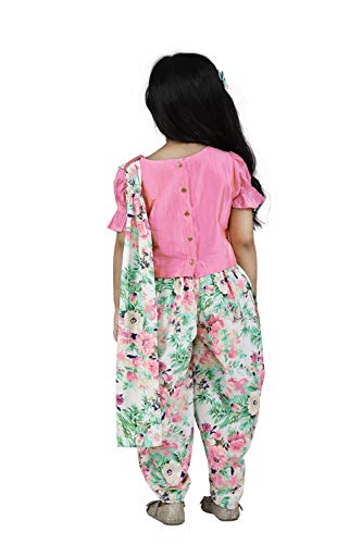 Image of LILPICKS Girls' Georgette Printed Puff Sleeves Top Dhoti Saree Set