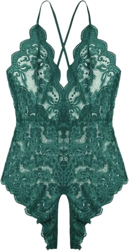 Lahaima Women One Piece Lingerie Sexy Teddy V Neck Bodysuit Lace Nightie (Green, Medium)