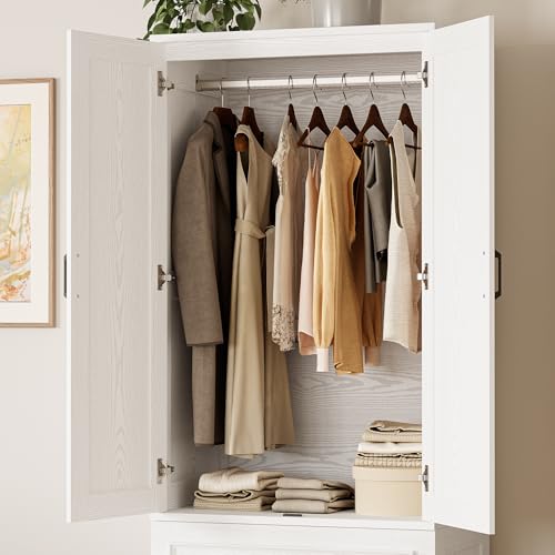 LIKIMIO Armoire Wardrobe Closet with 2 Doors and 2 Drawers 70" H x 28" W Wooden Bedroom Freestanding Wardrobe Combination for Hanging Clothes, White - Image 4