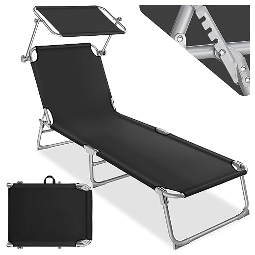 TecTake® Chaise Longue Pliante Portable Bain de Soleil Jardin Exterieur avec Pare Soleil Chaise Longue inclinable Transat de Plage Relax Jardin Camping Salon de Jardin Exterieur - Noir