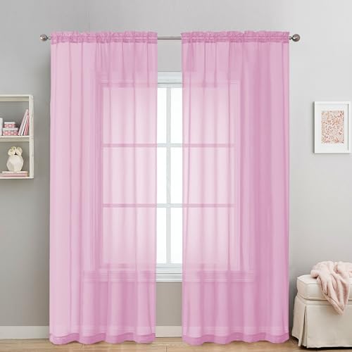 Image of OVZME 2 Pack: Basic Pink Sheer Curtain 84 Inches Long, Light Filtering Sheer Drapes for Living Room Bedroom, Each 42 inch W x 84 inch L