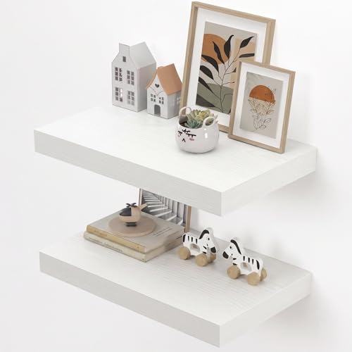 Image of Dreamland 20 inch Floating Shelves for Wall, 12 inch Deep Thicker White Floating Shelves, Wall-Mounted Shelves for Bedroom, Living Room, Kitchen, Bathroom - Set of 2