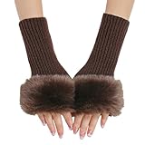Winter Gestrickte Handschuhe mit Plüsch für Damen Warm Strick Handschuhe Pluswärmer Handstulpen Armwärmer Stulpen für Damen Fingerlose Armstulpen Feinstrick lang Handwärmer Stulpen (Coffee, One Size)