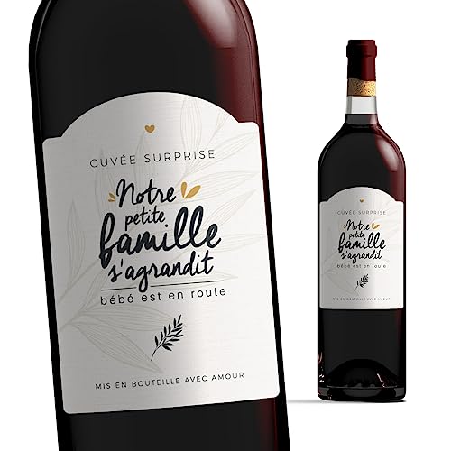 Manahia Etiqueta botella anuncio nacimiento – Nuestra pequeña familia se expande – bebé está en camino – etiqueta vino anuncio nacimiento – embarazo – bebé llega – 1 unidad