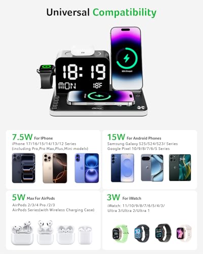 Image of Acer Gadget 7-in-1 Wireless Charging Station Charger Stand for Multiple Devices for Apple - iPhone 17 16 15 14 13 12 Pro Max Apple Watch Airpods, Wireless iPhone Charger Station with Bluetooth TimeSyn