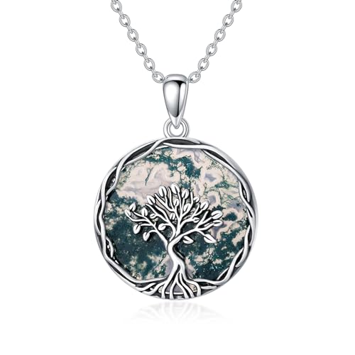 WSX Moss Agate Tree of Life Pendant Necklace for Women Sterling Silver Tree of Life Jewelry Gifts for Christmas Birthday Mother Day for Mom Daughter