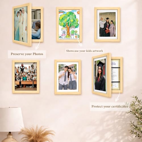 Image of Wooden Document Photo Frame with Storage, Certificate Holder Frame for Wall Mount & Tabletop | Memory Frame for Birth Certificate, Awards & Photos | Premium Finish ( Beige, Size 9.2X12.6 Inch )