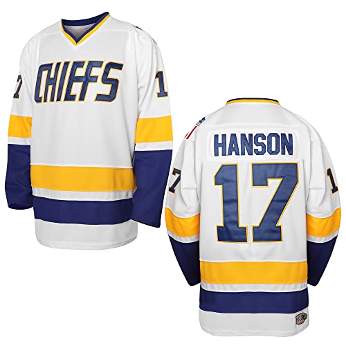 Hanson Brothers Hockey Jersey 16 Charlestown Chiefs 17 Jeff Slap Shot 18 Movie Hockey Jersey Blue White S-3XL (17 White, Large)